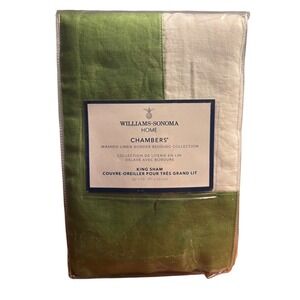 Williams Sonoma Chambers‎ Flax Washed Linen Border King Sham Green Cream New